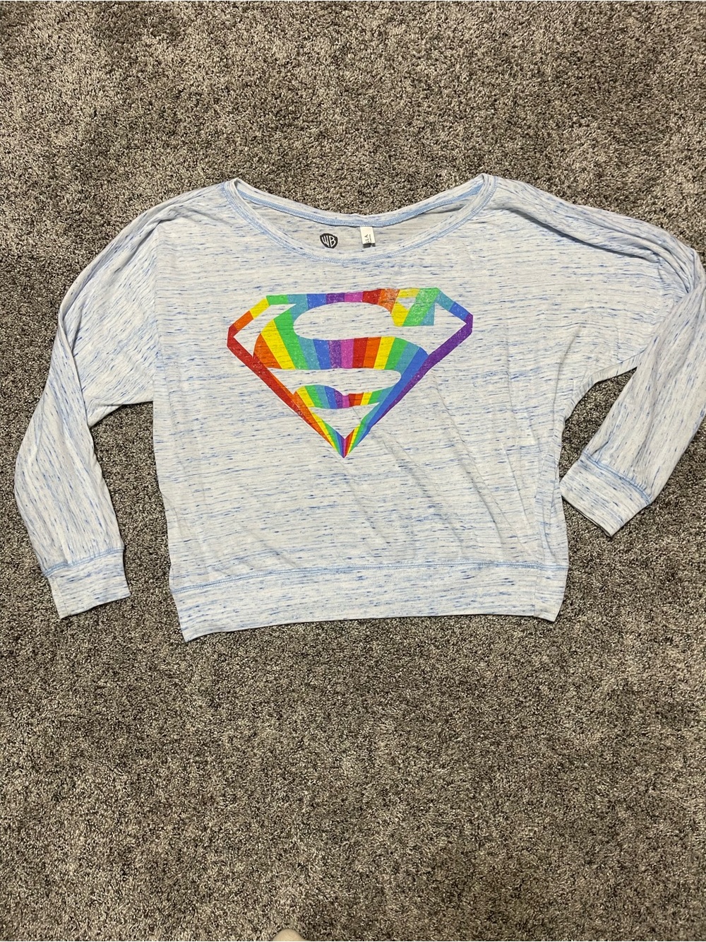Warner Bros. Light Blue Sweatshirt with Rainbow Superman Logo